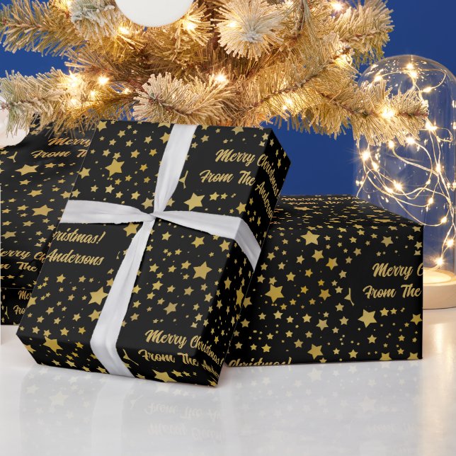 Papier Cadeau Élégant Black Gold Stars personnalisé Noël (Vacances)