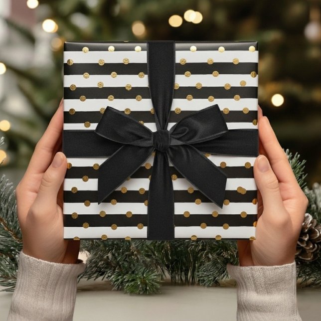 Papier Cadeau Elégant Black Gold Stripes & Dots Cadeau de Noël (Elegant Black Gold Stripes & Dots Christmas Gift Wrapping Paper)