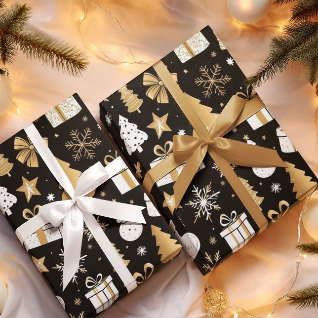 Papier Cadeau Elégant Black Gold White Christmas Line Art (Créateur téléchargé)