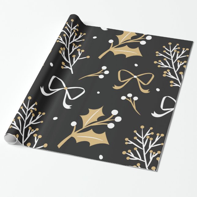 Papier Cadeau Elegant Black Mistletoe et Ribbon Christmas (Déroulé)