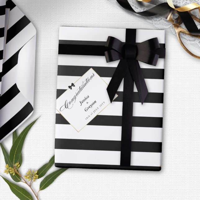 Papier Cadeau Elégant Black White Stripe Gold Frame Mariage Cade (Créateur téléchargé)