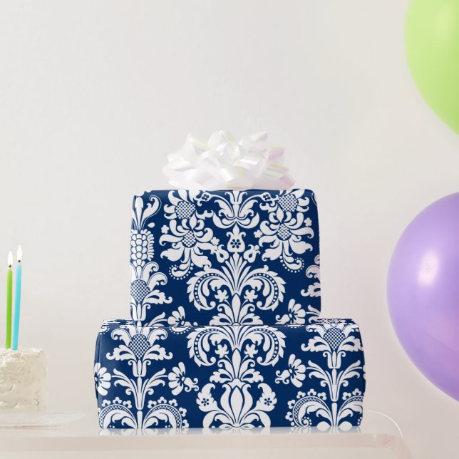Papier Cadeau Elégant blanc de fleurs Damas bleu Arrière - plan  (Cadeaux de fête)