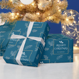 Papier Cadeau Elégant Blanc Feuilles d'hiver bleu