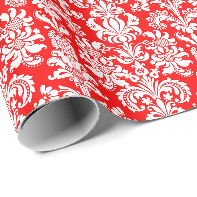 Papier Cadeau Elégant blanc floral Damas rouge Arrière - plan (Coin rond)