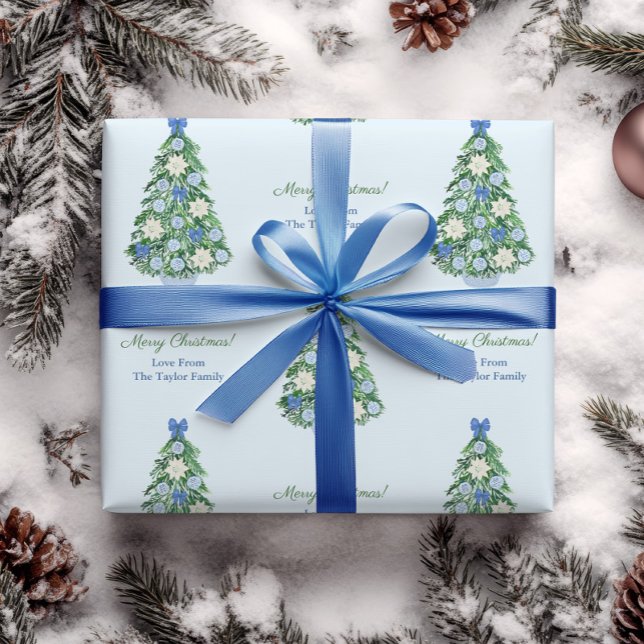 Papier Cadeau Elégant Bleu & Blanc Vacances Arbre Joyeux Noël (Elegant wrapping paper with Christmas tree ornately decorated in blue & white chinoiserie poinsettia)