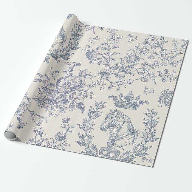 Papier Cadeau Elégant Bleu Chic Beige Equestre Toile Florale (Déroulé)
