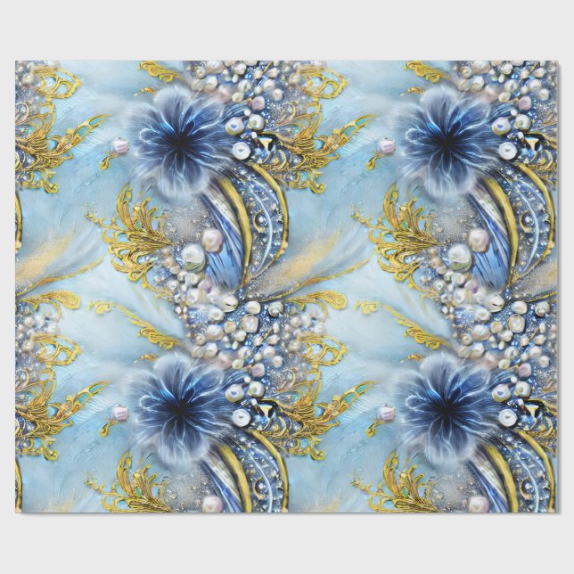Papier Cadeau Élégant bleu et or floral perlé (Plat)