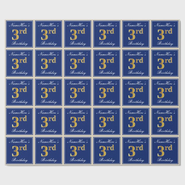 Papier Cadeau Elégant, Bleu, Faux Gold 3ème anniversaire; Nom pe (Plat)