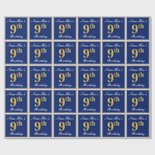 Papier Cadeau Elégant, Bleu, Faux Gold 9e anniversaire; Nom pers