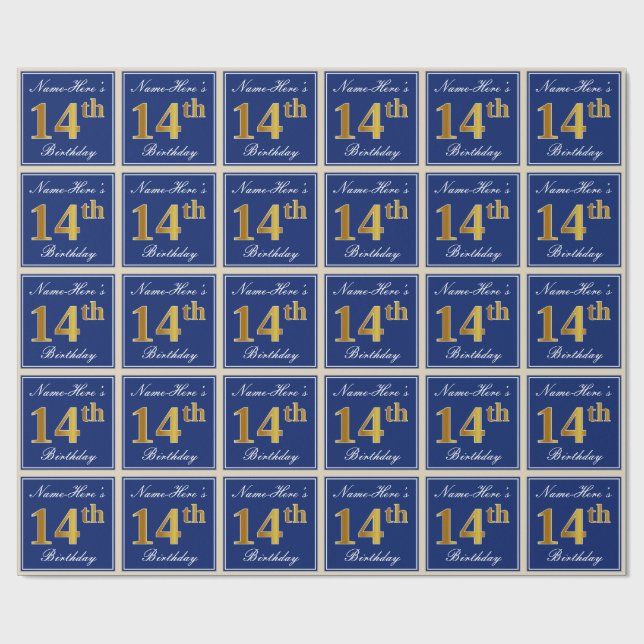 Papier Cadeau Elégant, Bleu, Faux Or 14ème Anniversaire + Nom (Plat)