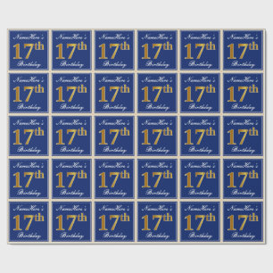 Papier Cadeau Elégant, Bleu, Faux Or 17ème Anniversaire + Nom