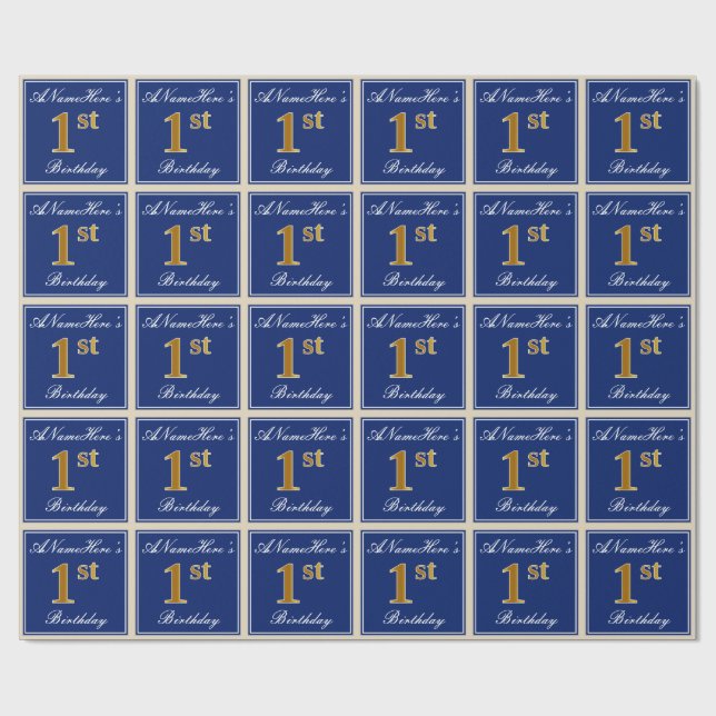 Papier Cadeau Elégant, Bleu, Faux Or 1er Anniversaire ; Nom pers (Plat)