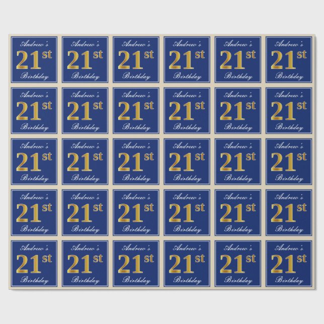 Papier Cadeau Elégant, Bleu, Faux Or 21ème Anniversaire + Nom (Plat)