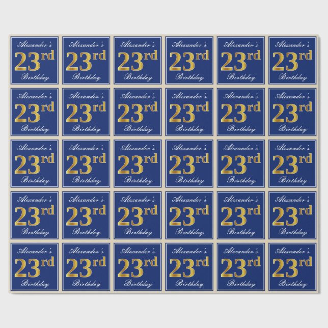 Papier Cadeau Elégant, Bleu, Faux Or 23ème Anniversaire + Nom (Plat)