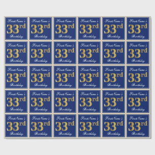 Papier Cadeau Elégant, Bleu, Faux Or 33ème Anniversaire + Nom