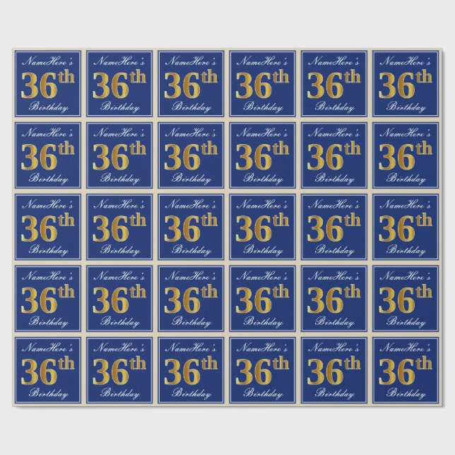 Papier Cadeau Elégant, Bleu, Faux Or 36ème Anniversaire + Nom (Plat)