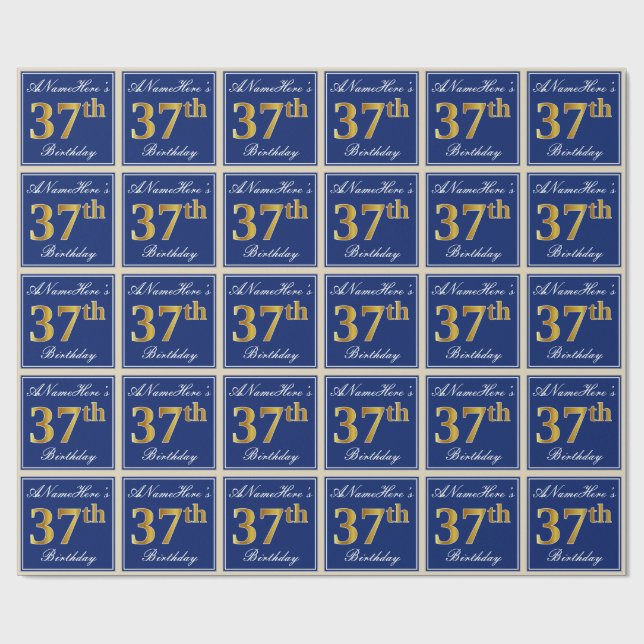 Papier Cadeau Elégant, Bleu, Faux Or 37ème Anniversaire + Nom (Plat)