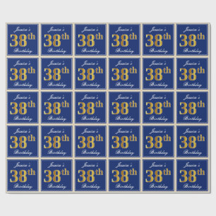 Papier Cadeau Elégant, Bleu, Faux Or 38ème Anniversaire + Nom