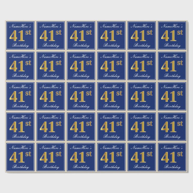 Papier Cadeau Elégant, Bleu, Faux Or 41ème Anniversaire + Nom (Plat)