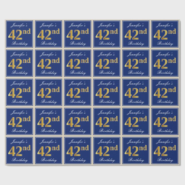 Papier Cadeau Elégant, Bleu, Faux Or 42ème Anniversaire + Nom (Plat)