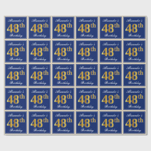 Papier Cadeau Elégant, Bleu, Faux Or 48ème Anniversaire + Nom