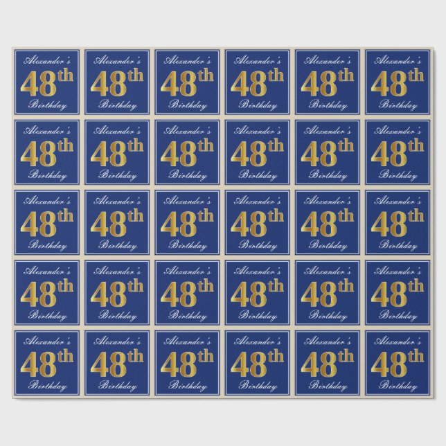 Papier Cadeau Elégant, Bleu, Faux Or 48ème Anniversaire + Nom (Plat)