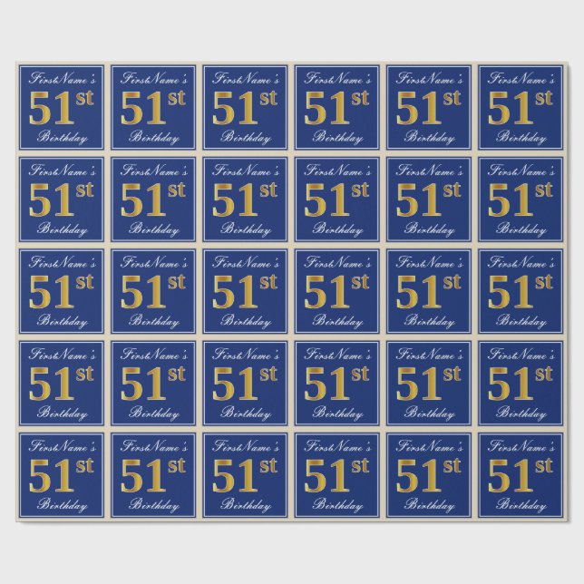 Papier Cadeau Elégant, Bleu, Faux Or 51ème Anniversaire + Nom (Plat)