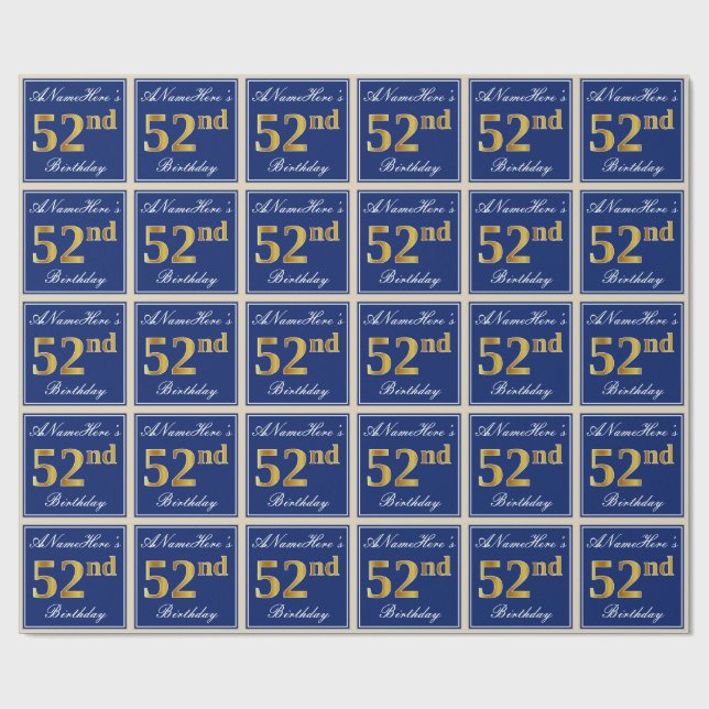 Papier Cadeau Elégant, Bleu, Faux Or 52ème Anniversaire + Nom (Plat)