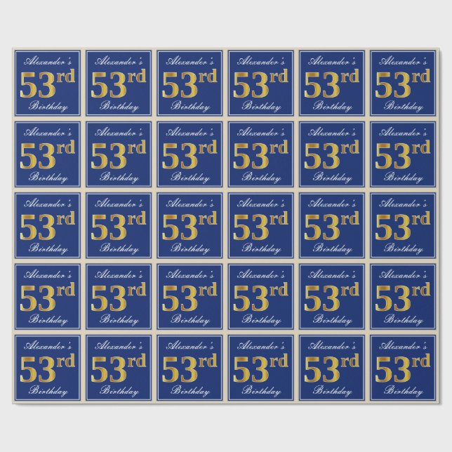 Papier Cadeau Elégant, Bleu, Faux Or 53ème Anniversaire + Nom (Plat)