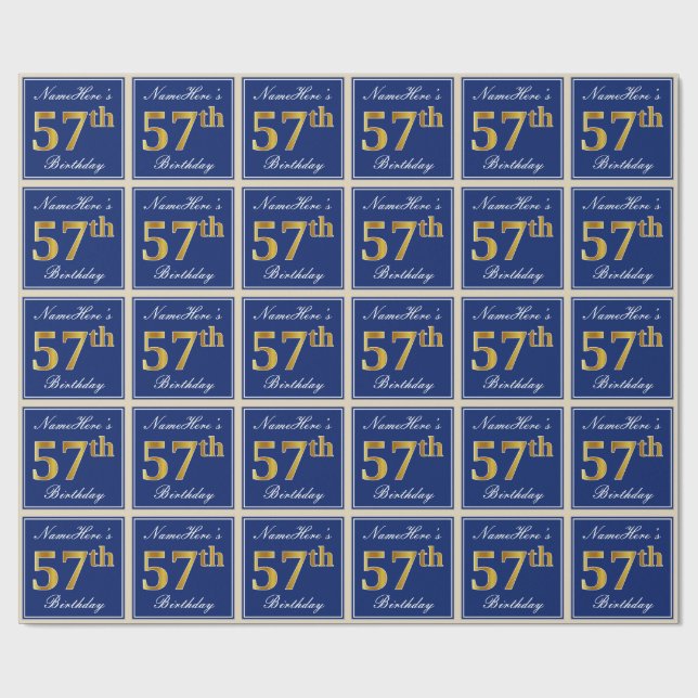 Papier Cadeau Elégant, Bleu, Faux Or 57ème Anniversaire + Nom (Plat)