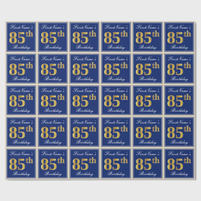 Papier Cadeau Elégant, Bleu, Faux Or 85ème Anniversaire + Nom (Plat)