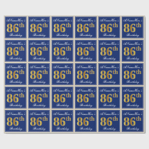 Papier Cadeau Elégant, Bleu, Faux Or 86ème Anniversaire + Nom