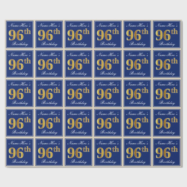 Papier Cadeau Elégant, Bleu, Faux Or 96ème Anniversaire + Nom (Plat)