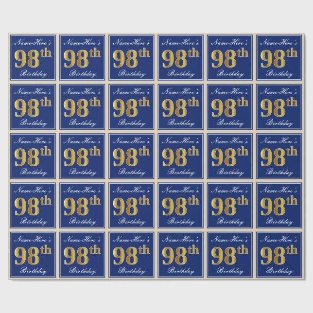 Papier Cadeau Elégant, Bleu, Faux Or 98ème Anniversaire + Nom (Plat)