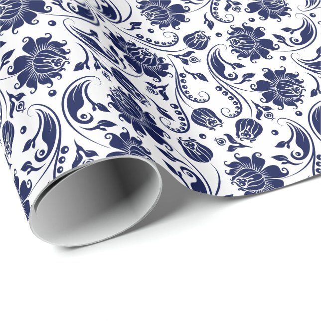 Papier Cadeau Elégant bleu floral Damas Arrière - plan blanc (Coin rond)