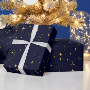 Papier Cadeau Élégant bleu foncé étoiles or et étincelles cadeau