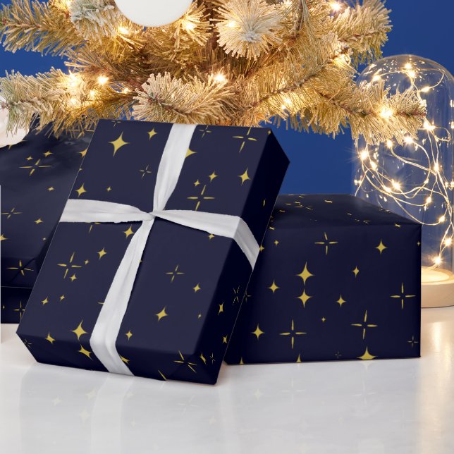 Papier Cadeau Élégant bleu foncé étoiles or et étincelles cadeau (Vacances)