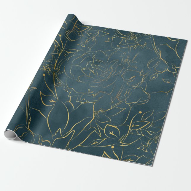 Papier Cadeau Elégant bleu foncé Turquoise Aquarelle or huile fl (Déroulé)