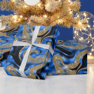Papier Cadeau Elegant Bleu Fondu et Paillettes Dorées Anniversai