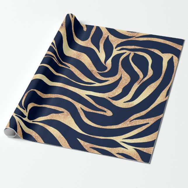 Papier Cadeau Elégant bleu marine Gold Zebra Imprimer (Déroulé)