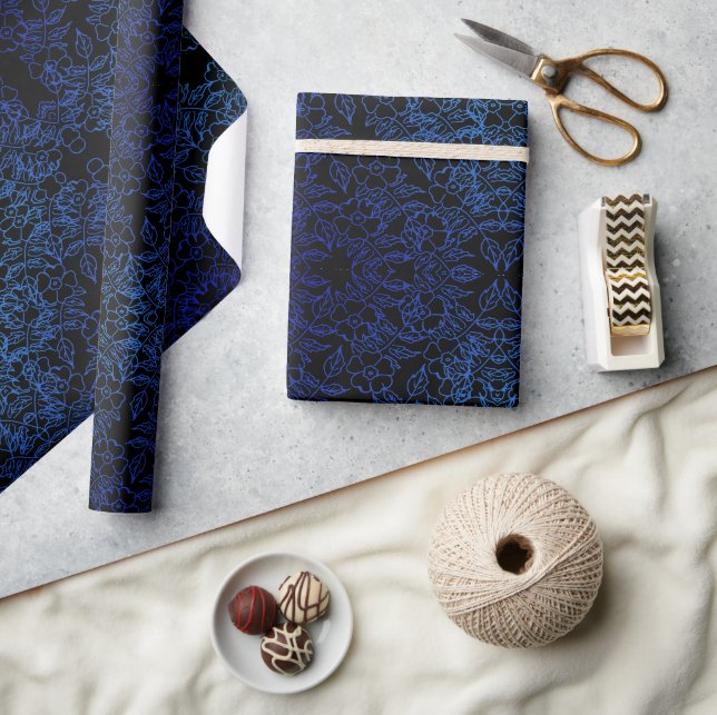 Papier Cadeau Elégant bleu motif floral sur noir (Artisanat)
