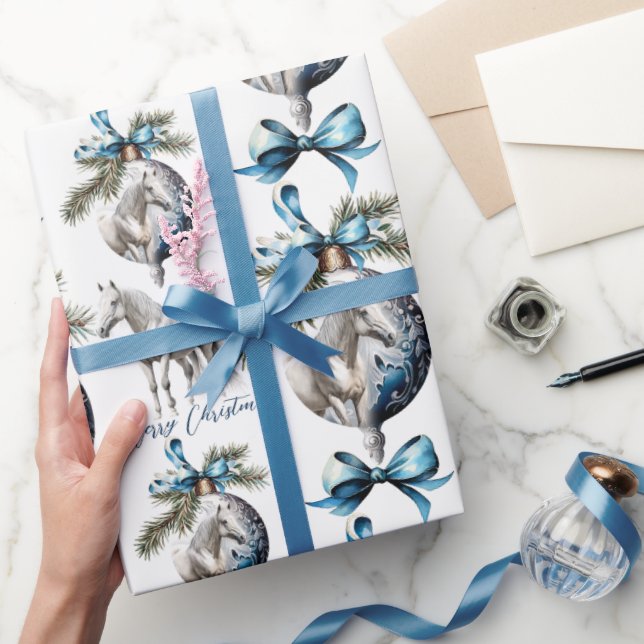 Papier Cadeau Élégant bleu Noël blanc cheval équestre (Cadeaux)