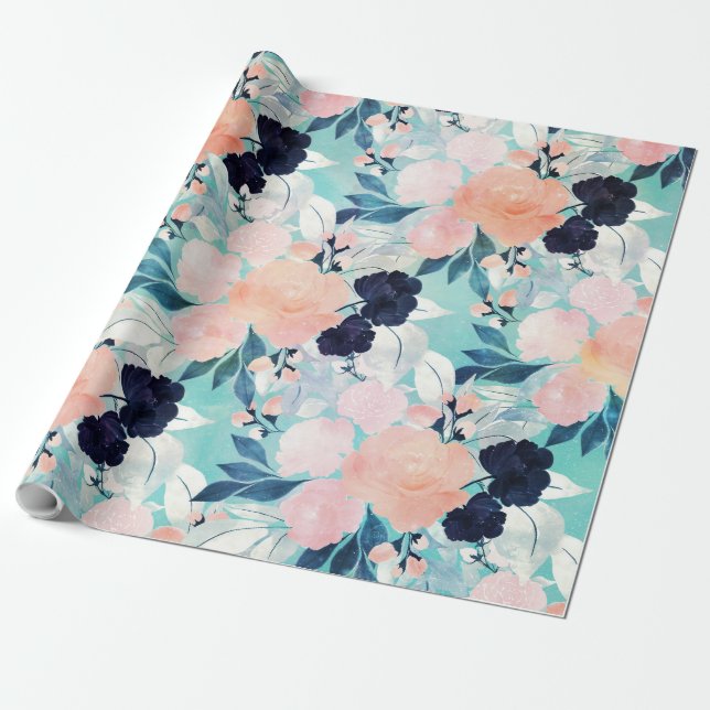 Papier Cadeau Elégant bleu rose Fleurs de menthe Aquarelle Flora (Déroulé)