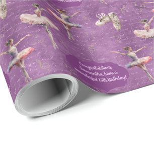 Papier Cadeau Élégant Blush Pink Purple Nom Age Texte Ballerina