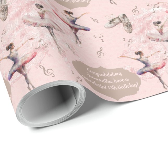 Papier Cadeau Elégant Blush Pink Silver Nom Age Texte Ballerina (Coin rond)
