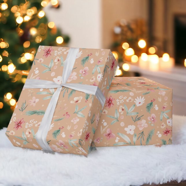 Papier Cadeau Elégant boho Aquarelle douce Noël floral (Elegant boho Soft Watercolor Floral Christmas Wrapping Paper)