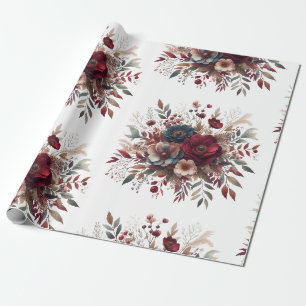 Papier Cadeau Elégant Boho Bourgogne Rustique Bleu et Motif roug