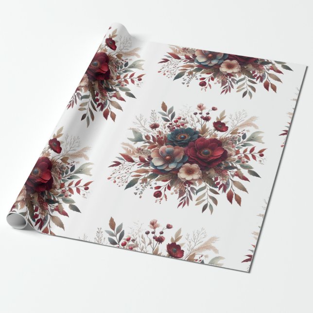 Papier Cadeau Elégant Boho Bourgogne Rustique Bleu et Motif roug (Déroulé)