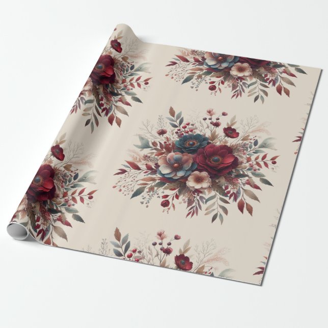 Papier Cadeau Elégant Boho Bourgogne Rustique Bleu et Motif roug (Déroulé)