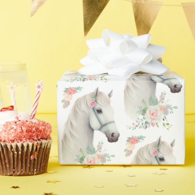 Papier Cadeau Élégant Boho Cheval Blanc Motif Floral (Fête d'anniversaire)